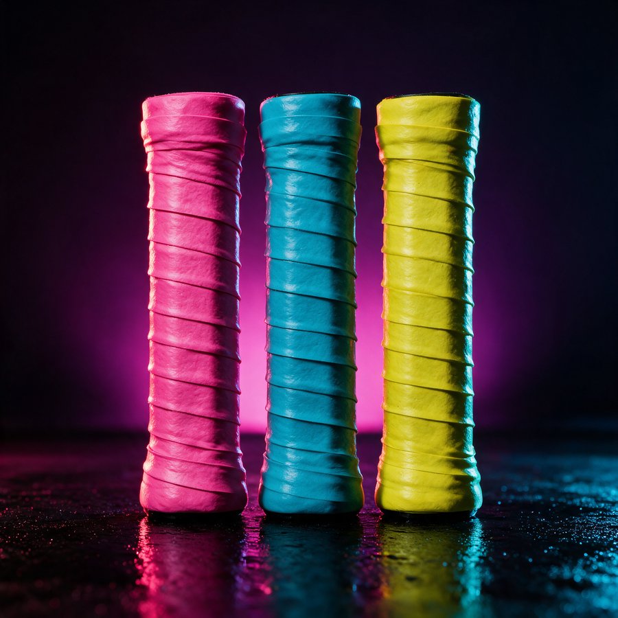 Illustration of three grip wrap rolls in pink, cyan and sodium yellow
