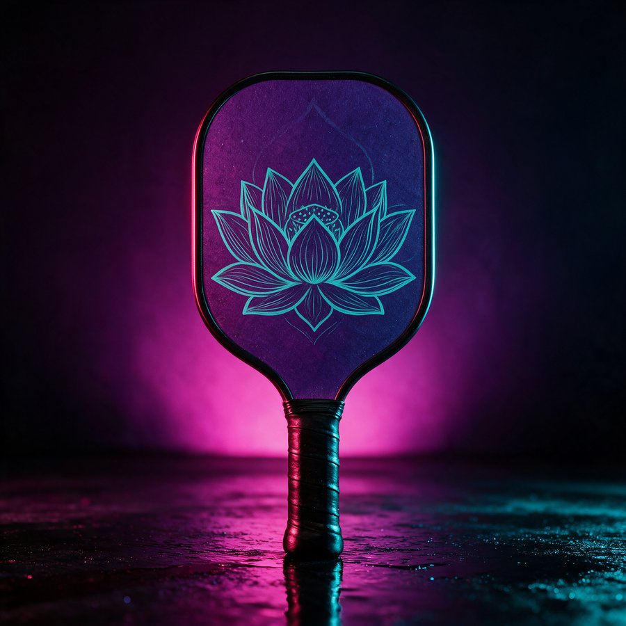 Illustration of the Lotus paddle, cyan lotus motif over deep purple