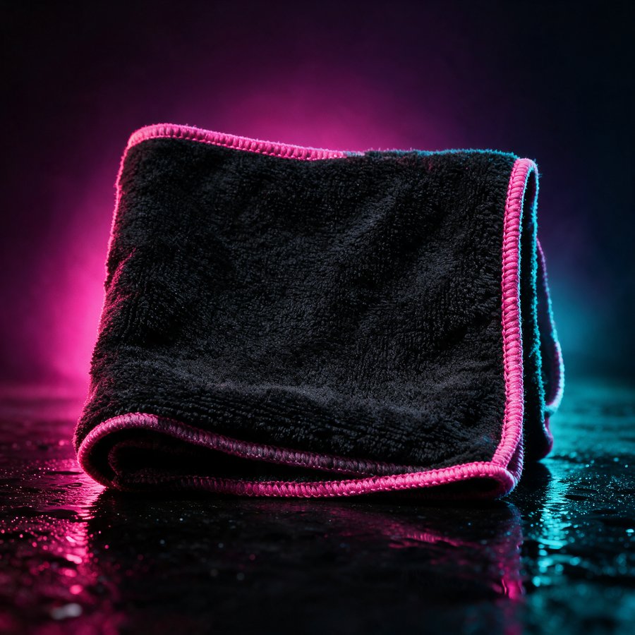 Illustration of the Mule Towel, black microfibre with neon trim