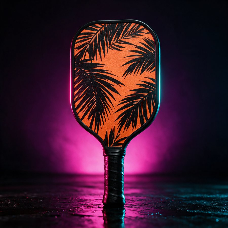 Illustration of the Palm Cut paddle, black palm frond silhouettes over orange