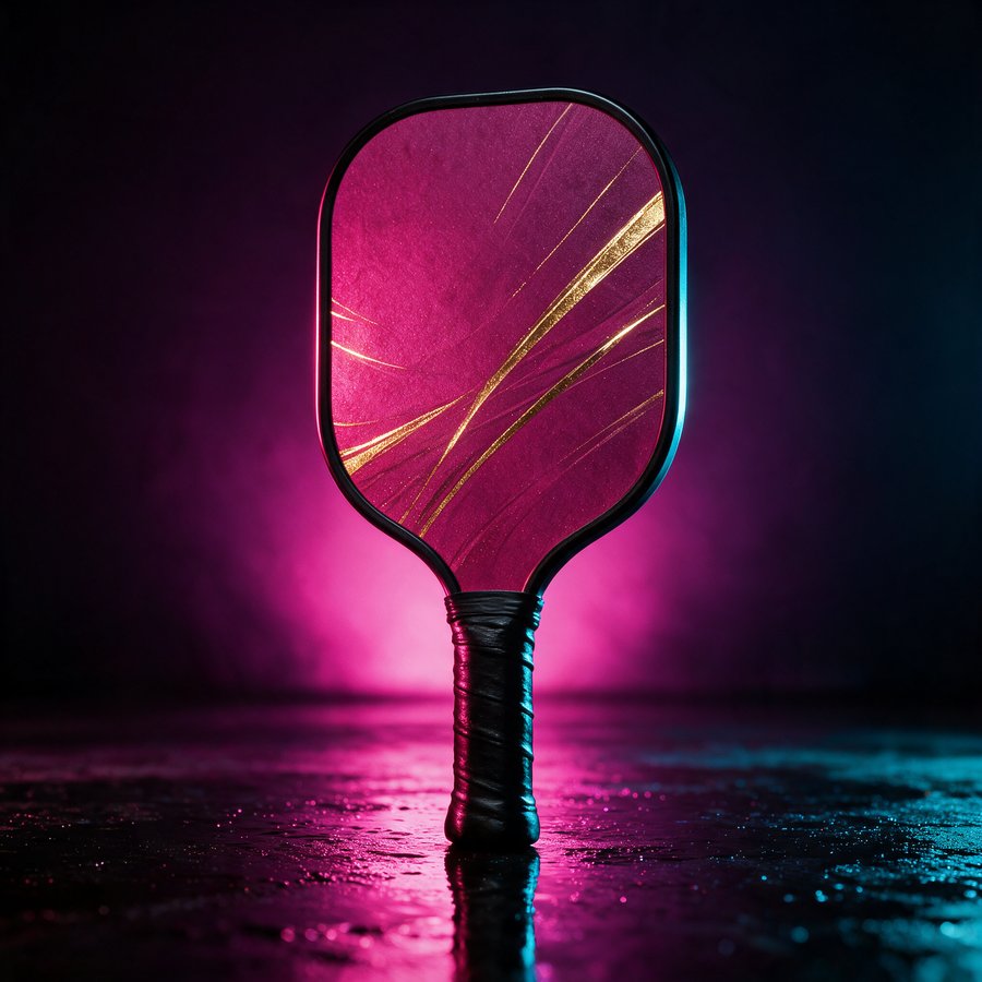Illustration of the The Boss paddle, deep magenta face with gold accent lines