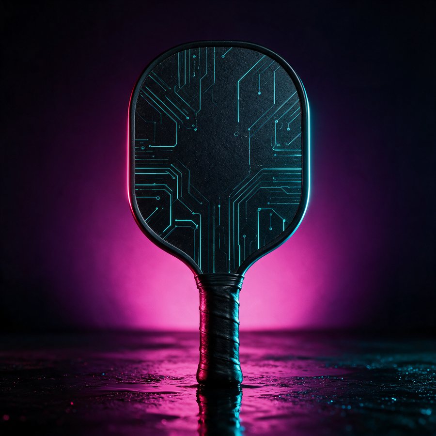 Illustration of the The Wire paddle, matte black face with cyan circuit lines