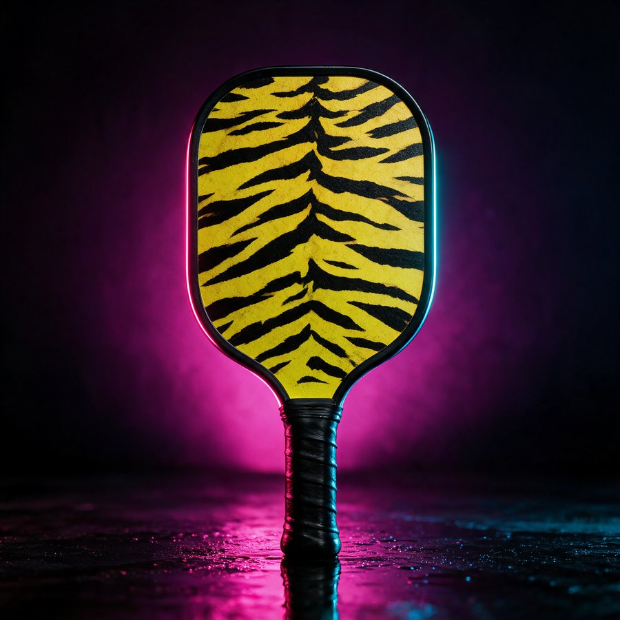 Illustration of the Tiger Stripe paddle, sodium yellow face with black tiger stripes