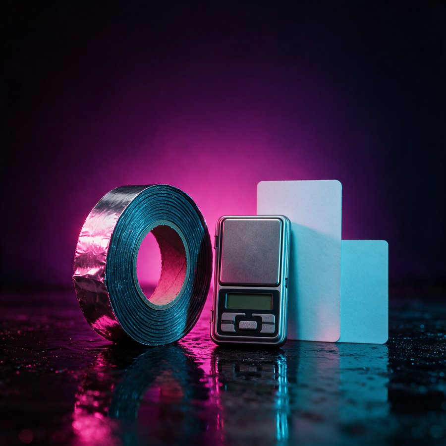 Illustration of the Weighting Kit, lead tape with a scale and a placement card