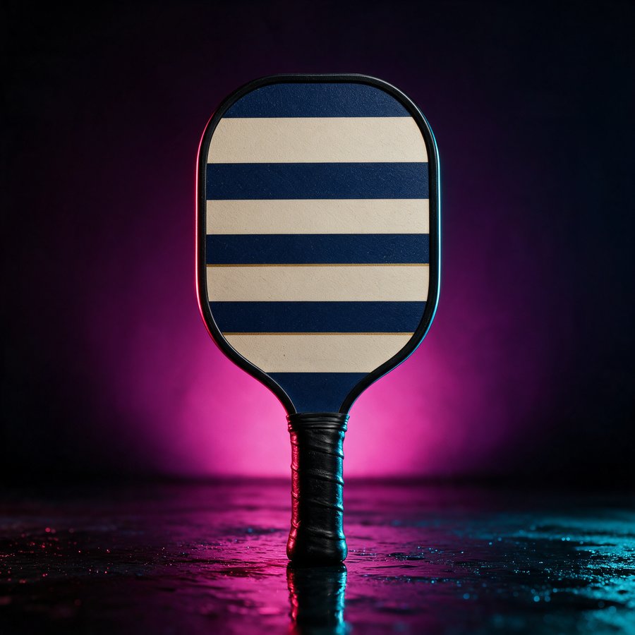 Illustration of the Yacht Club paddle, navy and cream stripes with a gold pinstripe